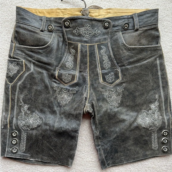 Traditional Leather Embroidered Lederhosen Gray Ash Shorts EU size 56 US 40